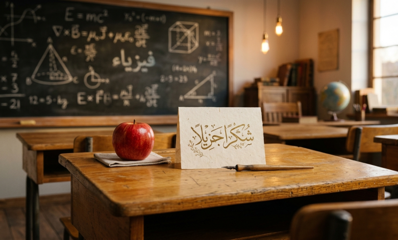 بطاقة شكر مكتوبة باللغة العربية للمعلم على مكتب خشبي.